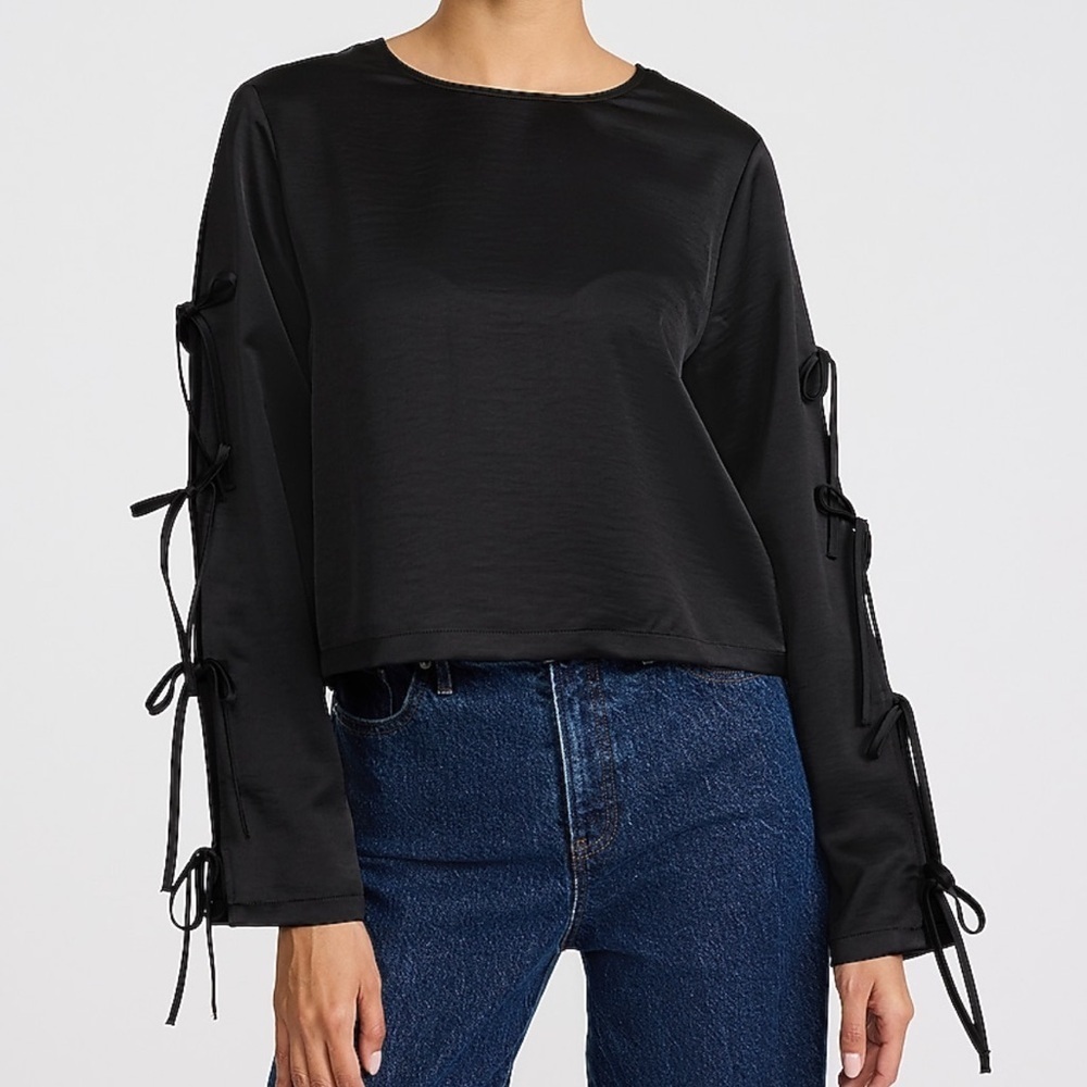 Express Satin Crew Neck Bow Long Sleeve Blouse